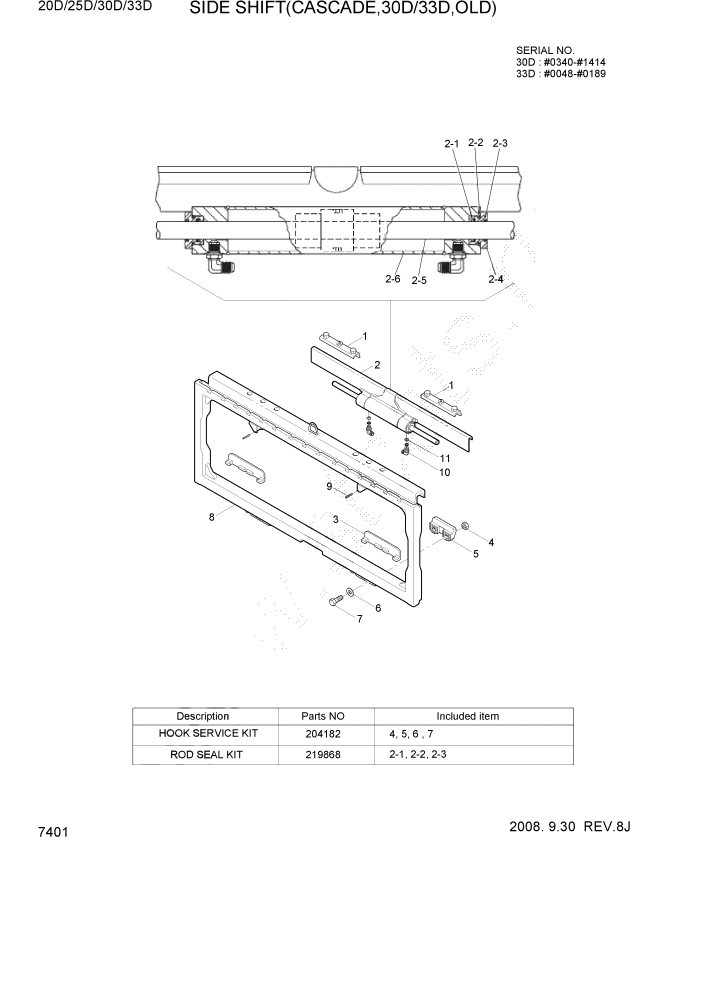 Схема запчастей Hyundai 20/25/30/33D-7 - PAGE 7401 SIDE SHIFT(CASCADE,30D/33D,OLD) РАБОЧЕЕ ОБОРУДОВАНИЕ