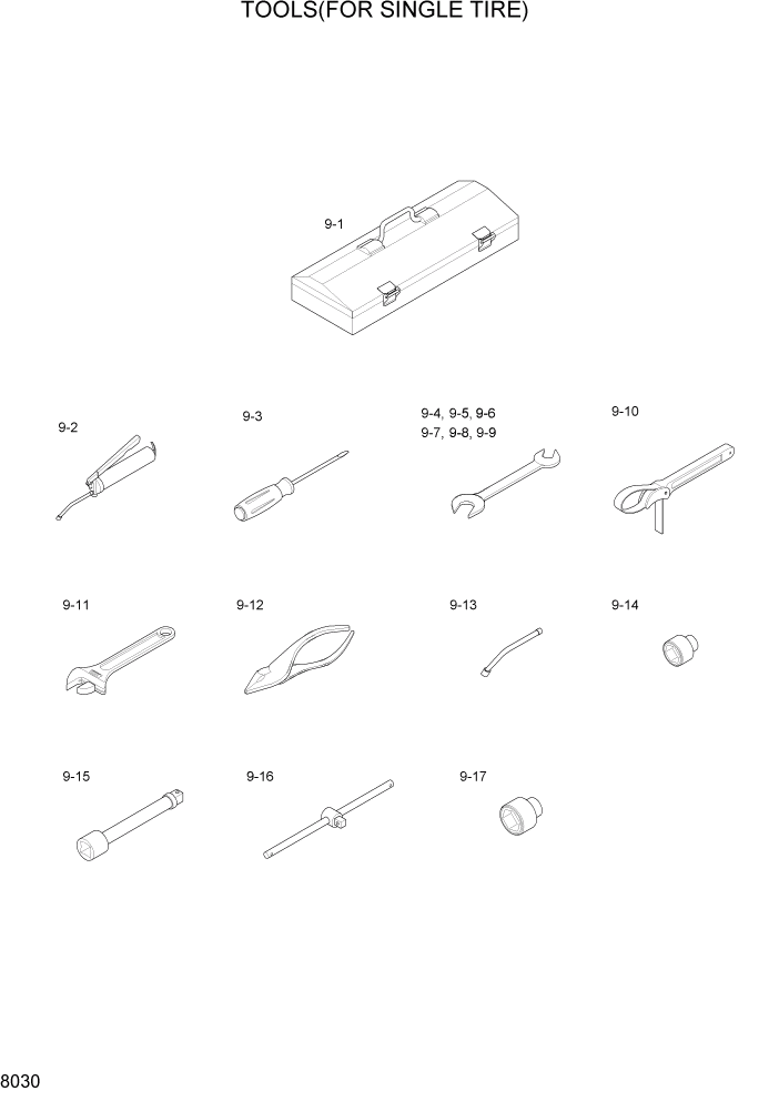 Схема запчастей Hyundai 20/25/30/33D-7 - PAGE 8030 TOOLS(FOR SINGLE TIRE) ДРУГИЕ ЧАСТИ