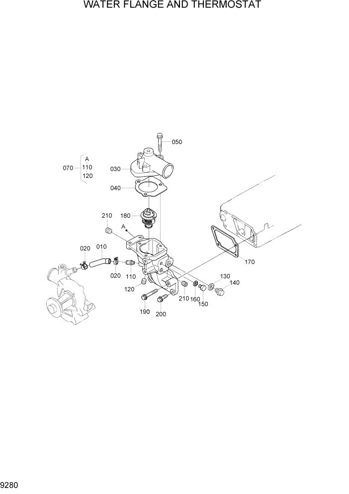 Схема запчастей Hyundai 20/25/30/33D-7 - PAGE 9280 WATER FLANGE AND THERMOSTAT ДВИГАТЕЛЬ БАЗА