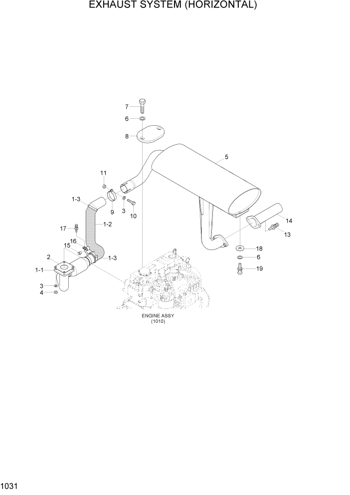Схема запчастей Hyundai 20/25/30/33D-7E - PAGE 1031 EXHAUST SYSTEM(HORIZONTAL) СИСТЕМА ДВИГАТЕЛЯ