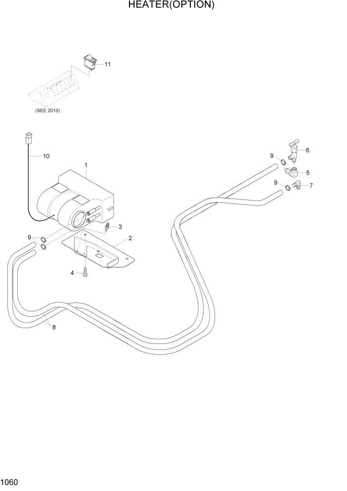 Схема запчастей Hyundai 20/25/30/33D-7E - PAGE 1060 HEATER(OPTION) СИСТЕМА ДВИГАТЕЛЯ