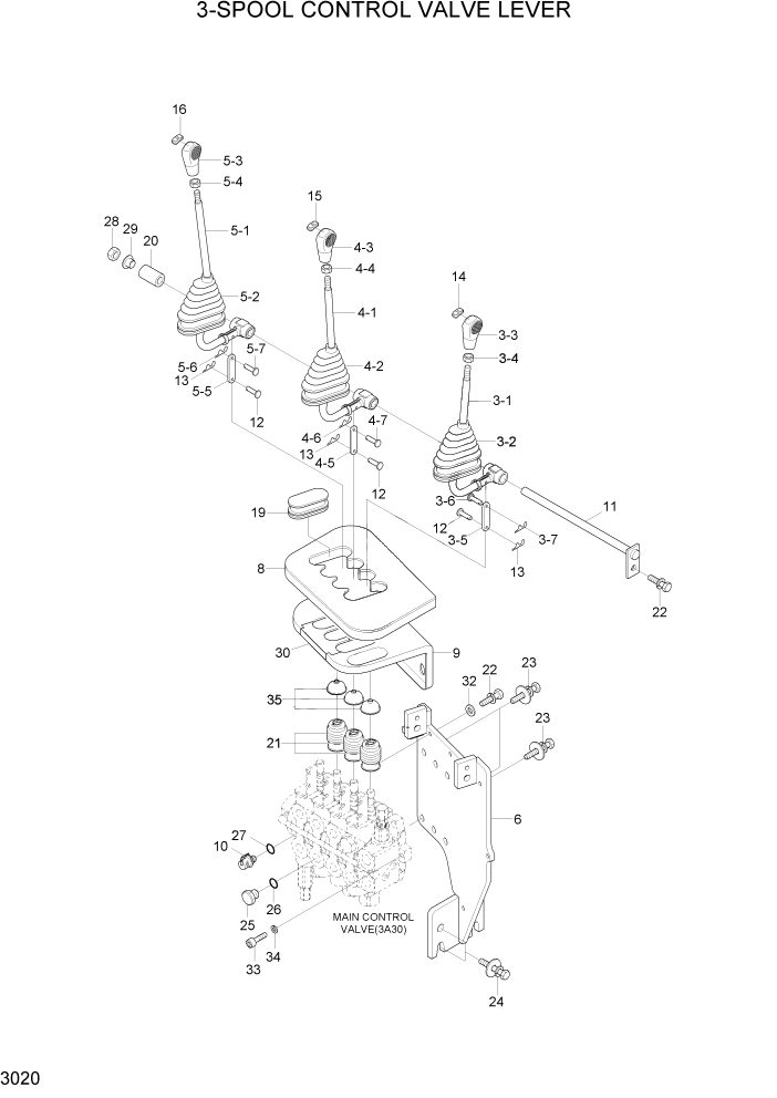 Схема запчастей Hyundai 20/25/30/33D-7E - PAGE 3020 3-SPOOL CONTROL VALVE LEVER ГИДРАВЛИЧЕСКАЯ СИСТЕМА