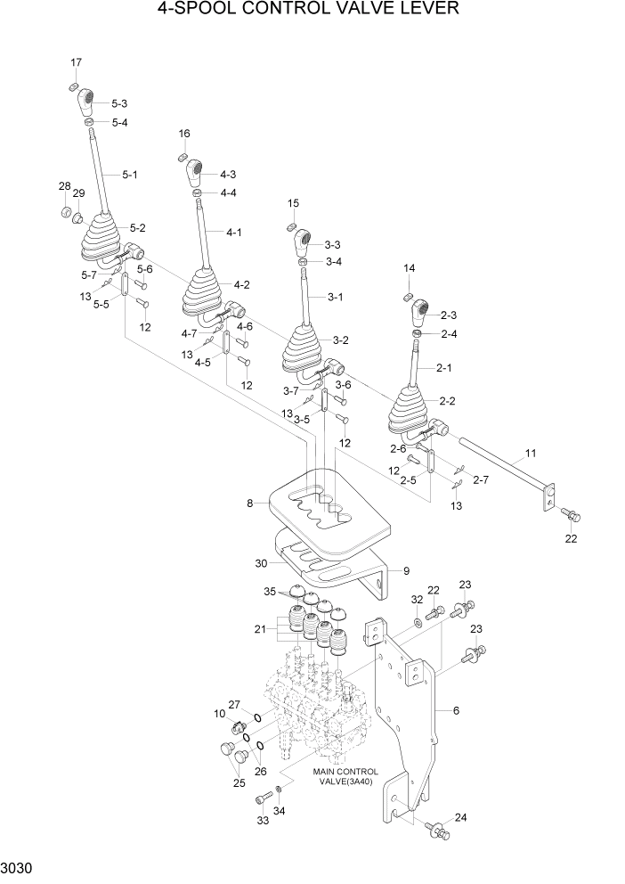 Схема запчастей Hyundai 20/25/30/33D-7E - PAGE 3030 4-SPOOL CONTROL VALVE LEVER ГИДРАВЛИЧЕСКАЯ СИСТЕМА