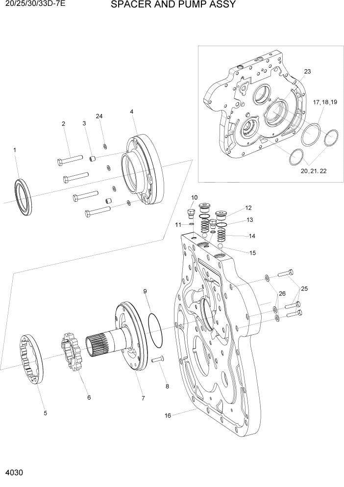 Схема запчастей Hyundai 20/25/30/33D-7E - PAGE 4030 SPACER AND PUMP ASSY(OLD) СИЛОВАЯ СИСТЕМА