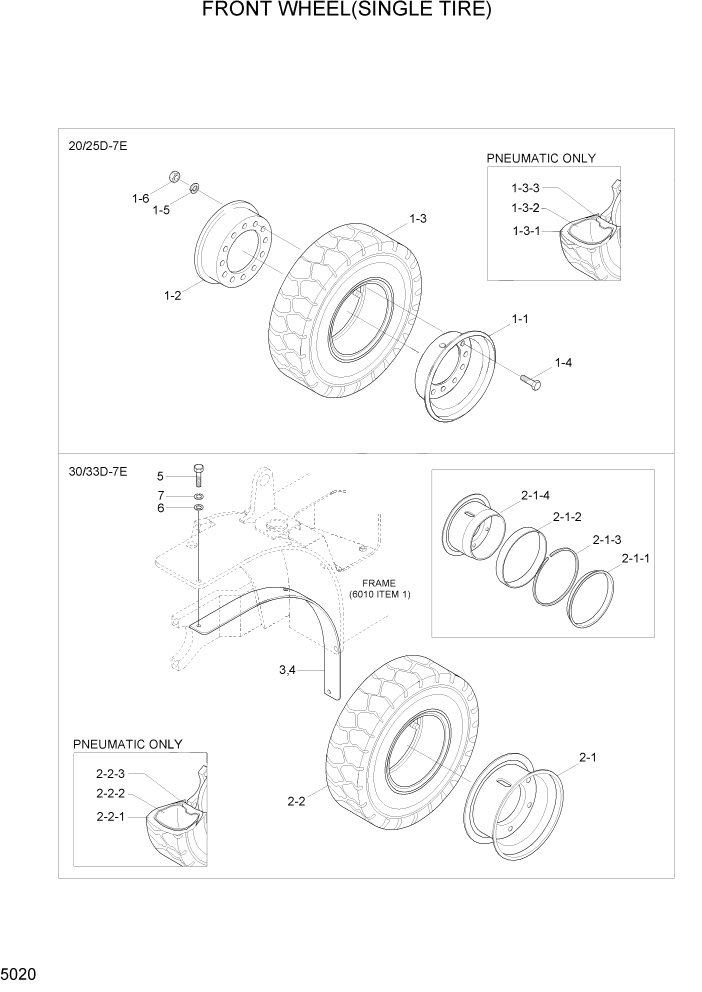 Схема запчастей Hyundai 20/25/30/33D-7E - PAGE 5020 FRONT WHEEL(SINGLE TIRE) СИСТЕМА УПРАВЛЕНИЯ