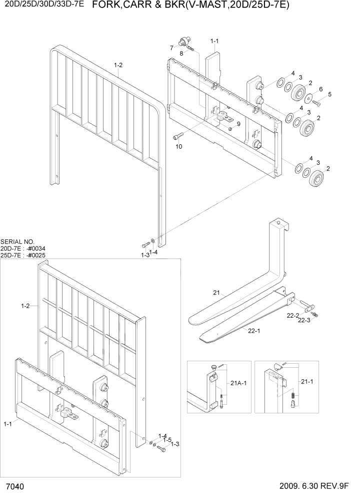 Схема запчастей Hyundai 20/25/30/33D-7E - PAGE 7040 FORK,CARR & BKR(V-MAST, 20/25D-7E) РАБОЧЕЕ ОБОРУДОВАНИЕ