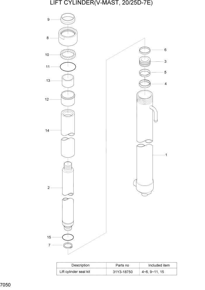 Схема запчастей Hyundai 20/25/30/33D-7E - PAGE 7050 LIFT CYLINDER(V-MAST, 20/25D-7E) РАБОЧЕЕ ОБОРУДОВАНИЕ