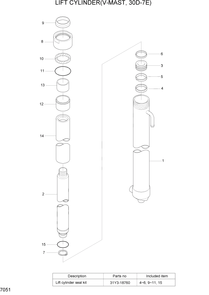 Схема запчастей Hyundai 20/25/30/33D-7E - PAGE 7051 LIFT CYLINDER(V-MAST, 30D-7E) РАБОЧЕЕ ОБОРУДОВАНИЕ