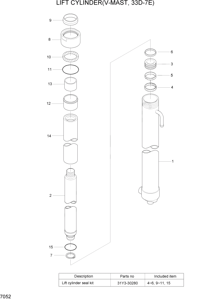 Схема запчастей Hyundai 20/25/30/33D-7E - PAGE 7052 LIFT CYLINDER(V-MAST, 33D-7E) РАБОЧЕЕ ОБОРУДОВАНИЕ