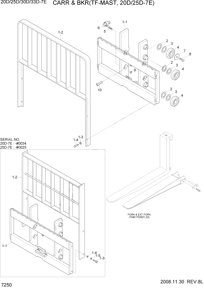 Схема запчастей Hyundai 20/25/30/33D-7E - PAGE 7250 CARR & BKR(TF-MAST, 20/25D-7E) РАБОЧЕЕ ОБОРУДОВАНИЕ