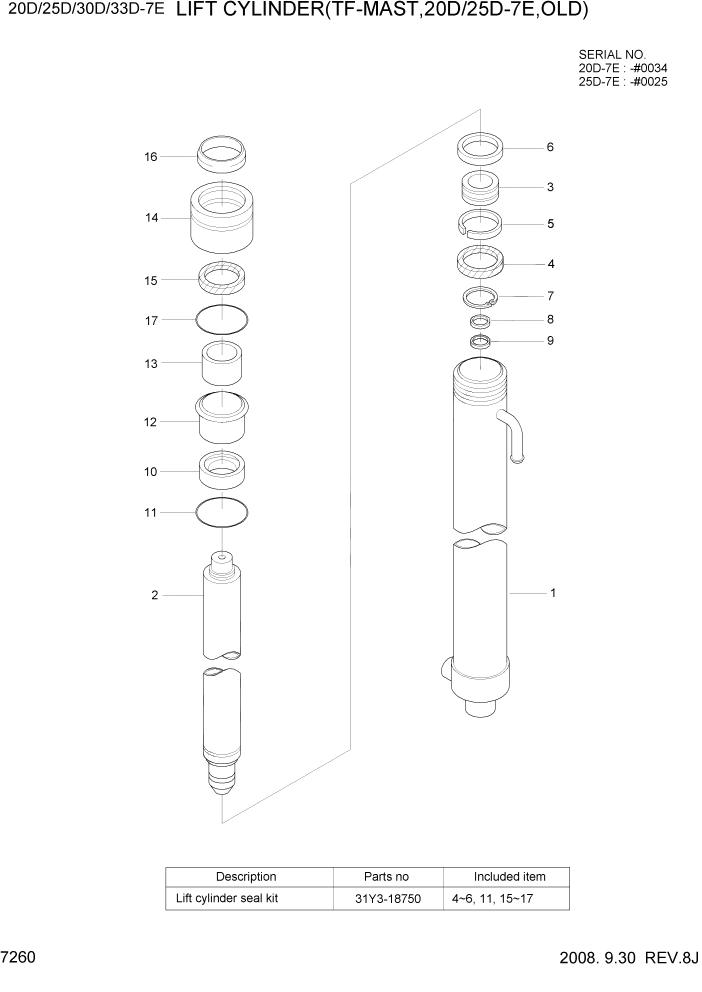 Схема запчастей Hyundai 20/25/30/33D-7E - PAGE 7260 LIFT CYLINDER(TF-MAST,20D/25D-7E,OLD) РАБОЧЕЕ ОБОРУДОВАНИЕ