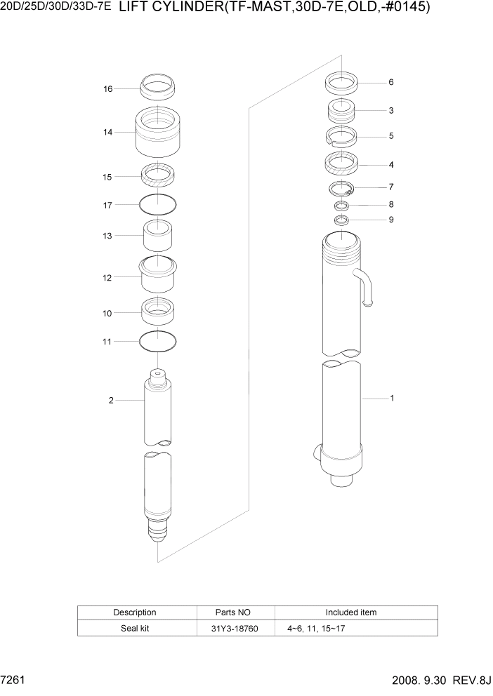 Схема запчастей Hyundai 20/25/30/33D-7E - PAGE 7261 LIFT CYLINDER(TF-MAST,30D-7E,OLD,-#0145) РАБОЧЕЕ ОБОРУДОВАНИЕ