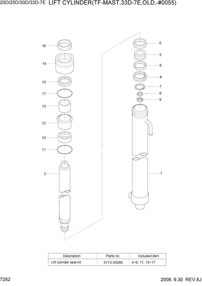 Схема запчастей Hyundai 20/25/30/33D-7E - PAGE 7262 LIFT CYLINDER(TF-MAST,33D-7E,OLD,-#0055) РАБОЧЕЕ ОБОРУДОВАНИЕ