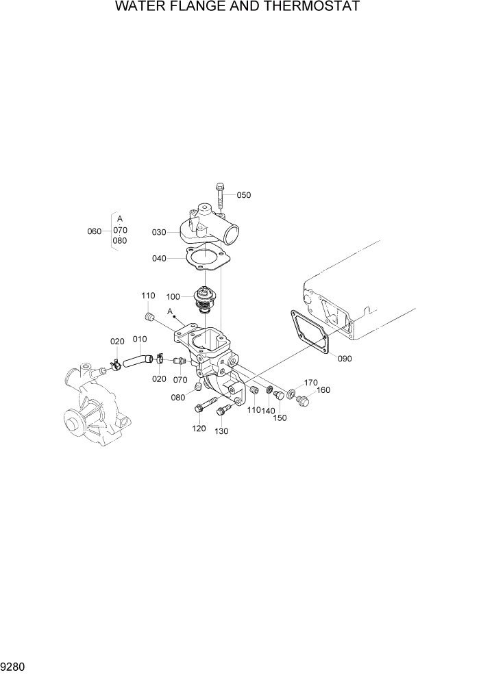 Схема запчастей Hyundai 20/25/30/33D-7E - PAGE 9280 WATER FLANGE AND THERMOSTAT ДВИГАТЕЛЬ БАЗА