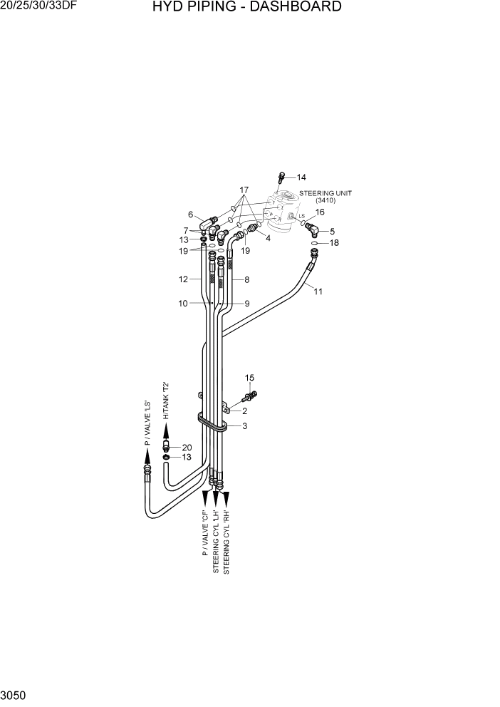 Схема запчастей Hyundai 20/25/30/33DF - PAGE 3050 HYD PIPING-DASHBOARD ГИДРАВЛИЧЕСКАЯ СИСТЕМА