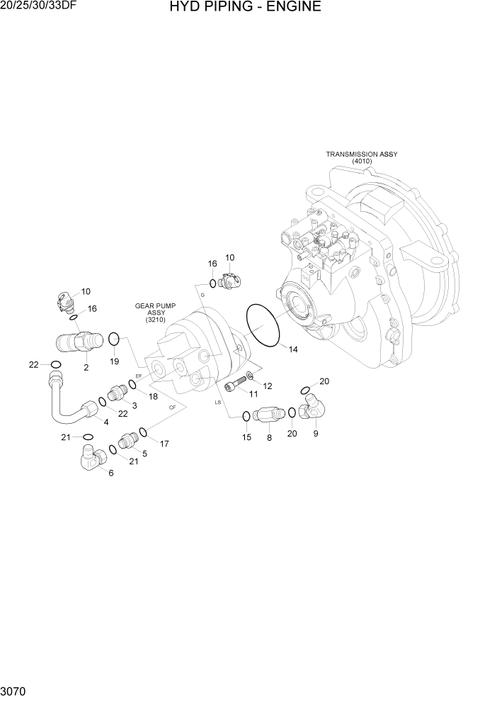 Схема запчастей Hyundai 20/25/30/33DF - PAGE 3070 HYD PIPING-ENGINE ГИДРАВЛИЧЕСКАЯ СИСТЕМА
