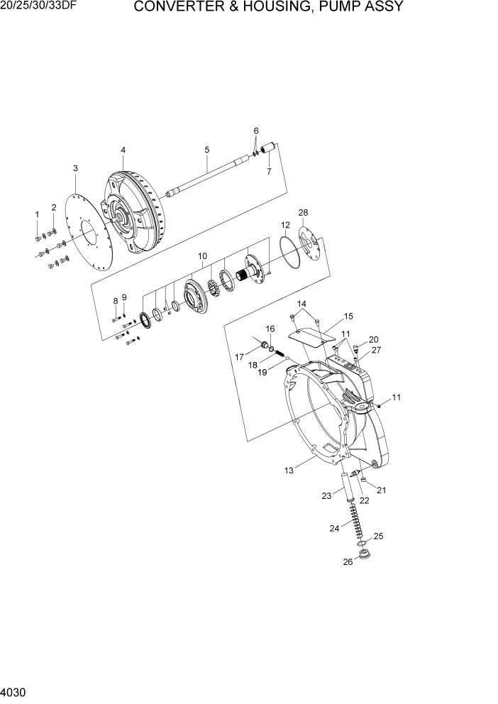 Схема запчастей Hyundai 20/25/30/33DF - PAGE 4030 CONVERTER & HOUSING, PUMP ASSY СИЛОВАЯ СИСТЕМА