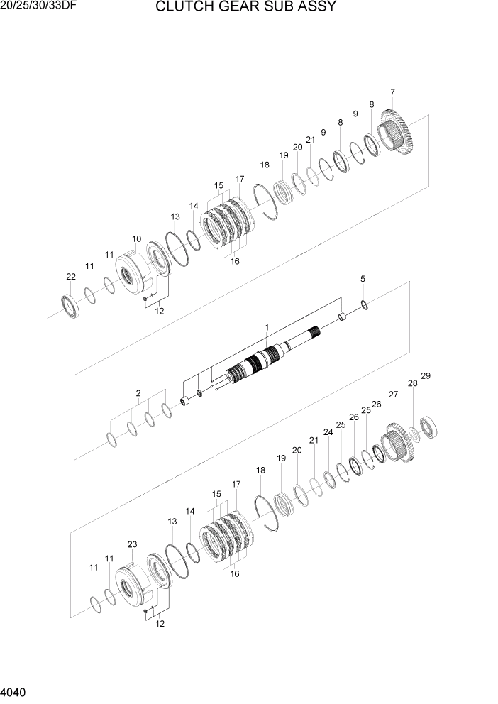 Схема запчастей Hyundai 20/25/30/33DF - PAGE 4040 CLUTCH GEAR SUB ASSY СИЛОВАЯ СИСТЕМА