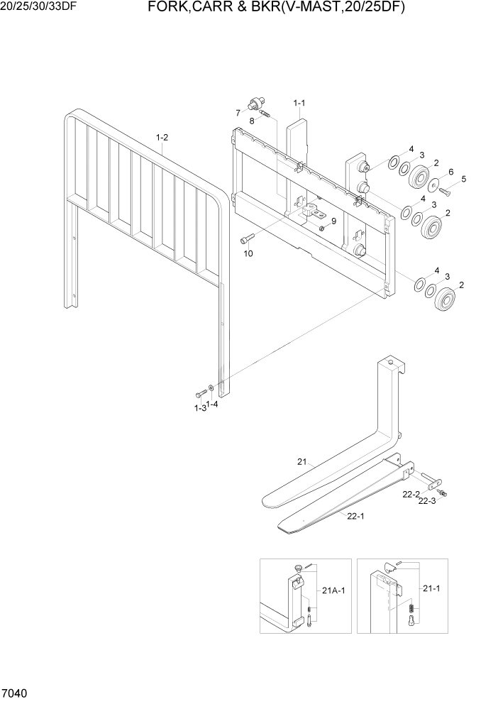 Схема запчастей Hyundai 20/25/30/33DF - PAGE 7040 FORK,CARR & BKR(V-MAST, 20/25DF) РАБОЧЕЕ ОБОРУДОВАНИЕ