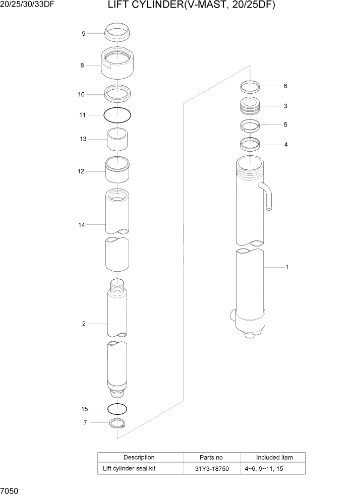 Схема запчастей Hyundai 20/25/30/33DF - PAGE 7050 LIFT CYLINDER(V-MAST, 20/25DF) РАБОЧЕЕ ОБОРУДОВАНИЕ