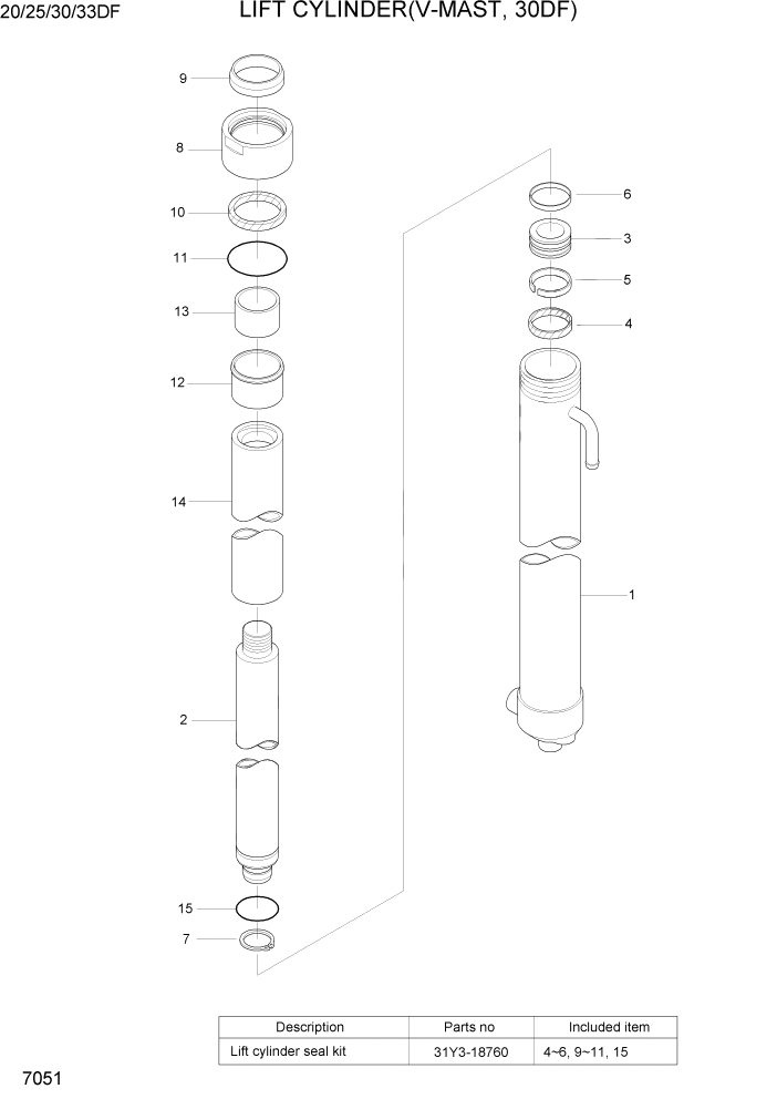 Схема запчастей Hyundai 20/25/30/33DF - PAGE 7051 LIFT CYLINDER(V-MAST, 30DF) РАБОЧЕЕ ОБОРУДОВАНИЕ