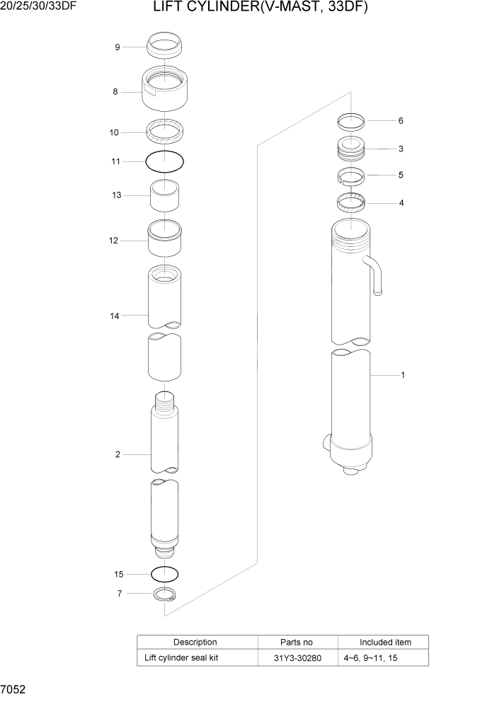 Схема запчастей Hyundai 20/25/30/33DF - PAGE 7052 LIFT CYLINDER(V-MAST, 33DF) РАБОЧЕЕ ОБОРУДОВАНИЕ