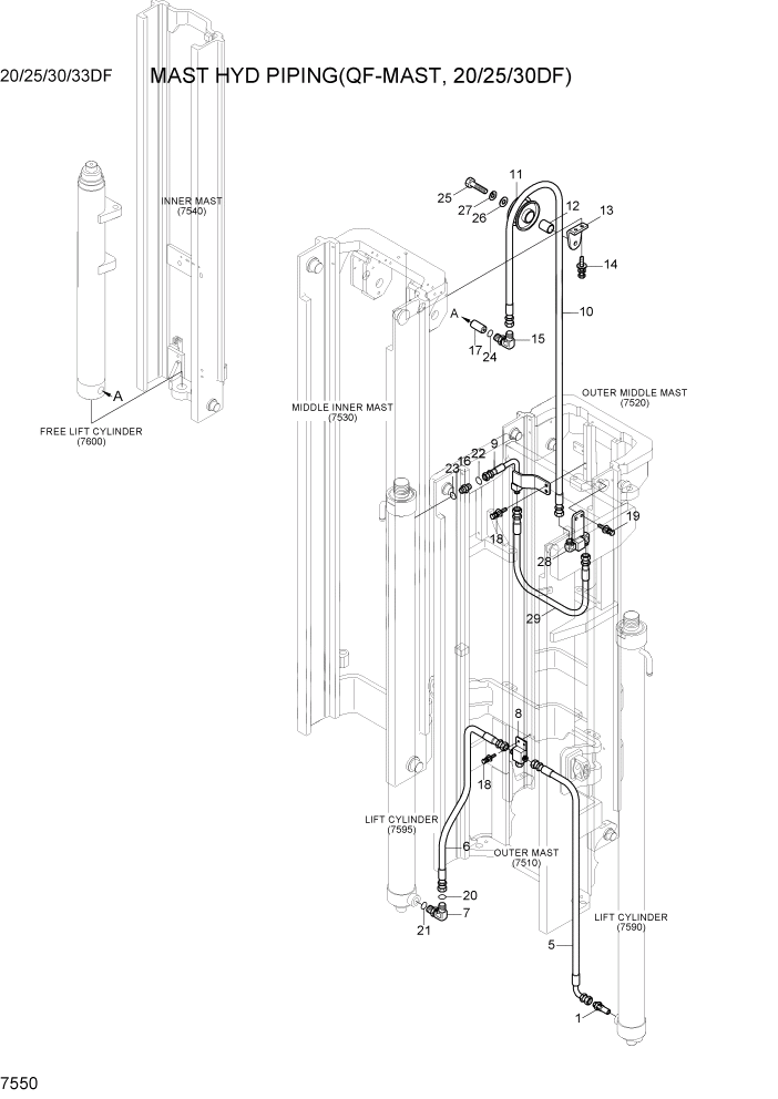 Схема запчастей Hyundai 20/25/30/33DF - PAGE 7550 MAST HYD PIPING(QF-MAST, 20/25/30DF) РАБОЧЕЕ ОБОРУДОВАНИЕ