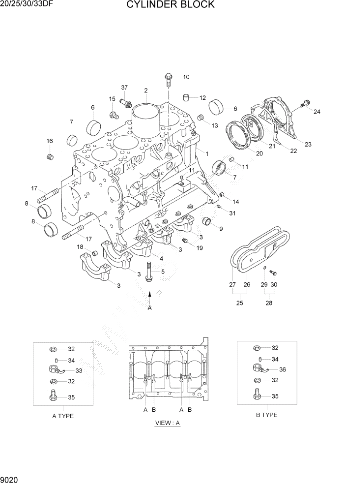 Схема запчастей Hyundai 20/25/30/33DF - PAGE 9020 CYLINDER BLOCK ДВИГАТЕЛЬ БАЗА