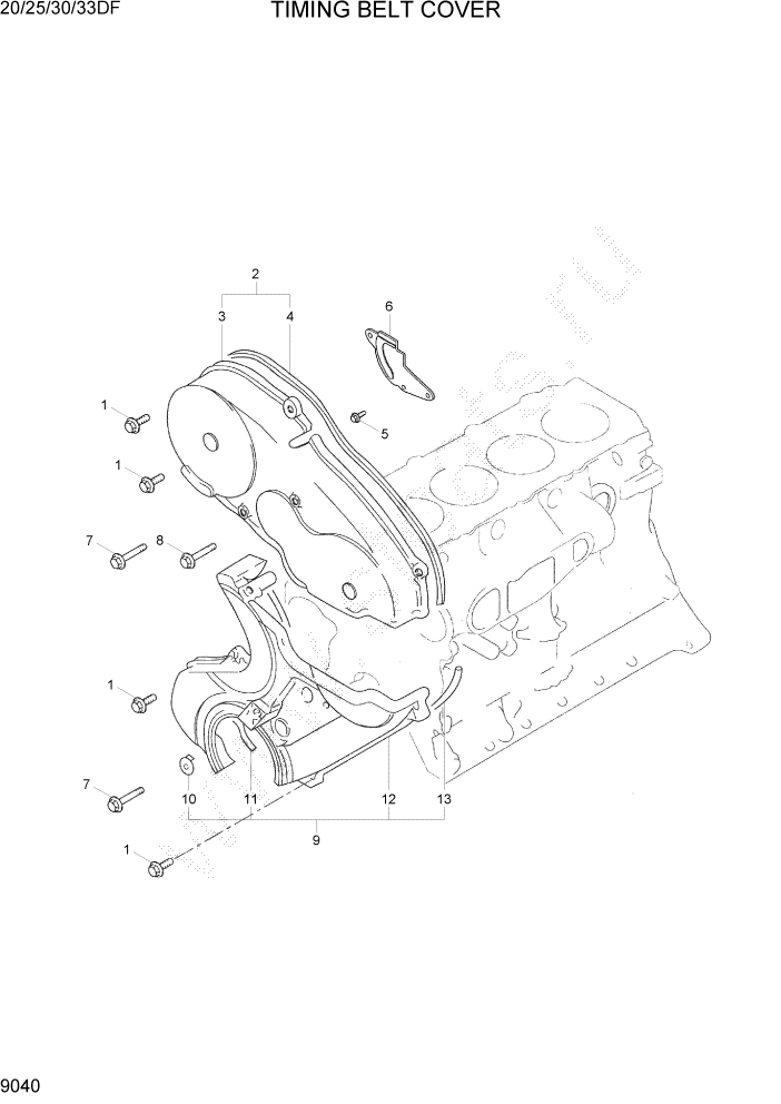 Схема запчастей Hyundai 20/25/30/33DF - PAGE 9040 TIMING BELT COVER ДВИГАТЕЛЬ БАЗА