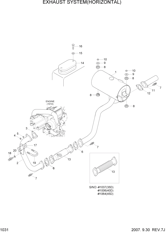 Схема запчастей Hyundai 35/40/45D-7 - PAGE 1031 EXHAUST SYSTEM(HORIZONTAL) СИСТЕМА ДВИГАТЕЛЯ