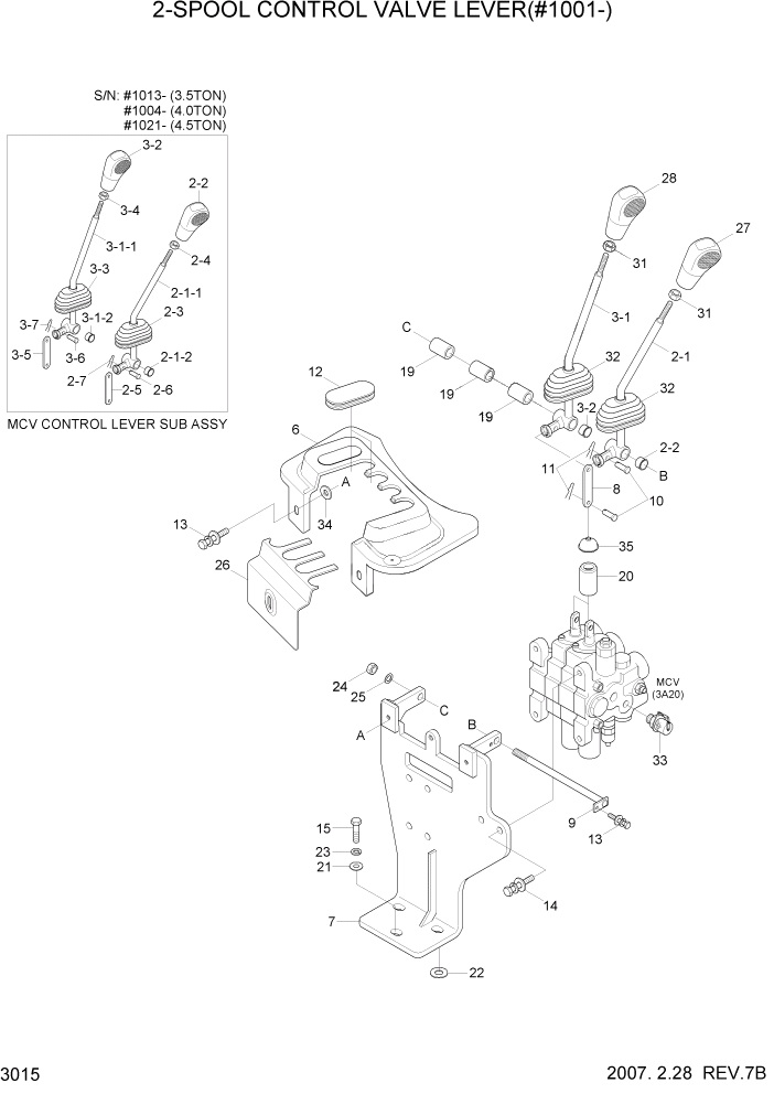 Схема запчастей Hyundai 35/40/45D-7 - PAGE 3015 2-SPOOL CONTROL VALVE LEVER(#1001-) ГИДРАВЛИЧЕСКАЯ СИСТЕМА