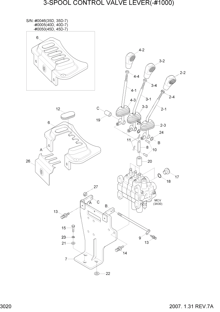 Схема запчастей Hyundai 35/40/45D-7 - PAGE 3020 3-SPOOL CONTROL VALVE LEVER(-#1000) ГИДРАВЛИЧЕСКАЯ СИСТЕМА