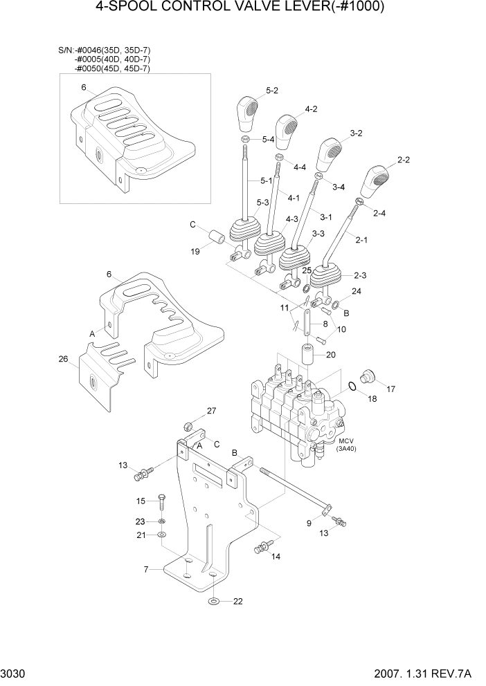 Схема запчастей Hyundai 35/40/45D-7 - PAGE 3030 4-SPOOL CONTROL VALVE LEVER(-#1000) ГИДРАВЛИЧЕСКАЯ СИСТЕМА