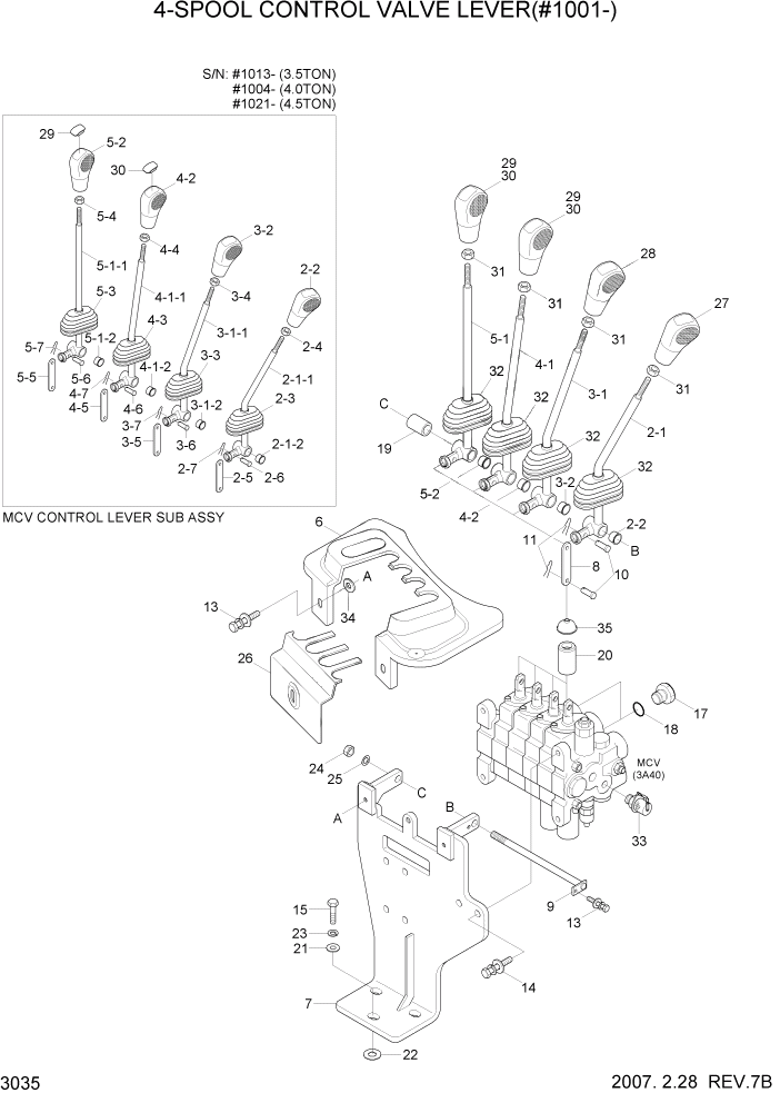 Схема запчастей Hyundai 35/40/45D-7 - PAGE 3035 4-SPOOL CONTROL VALVE LEVER(#1001-) ГИДРАВЛИЧЕСКАЯ СИСТЕМА