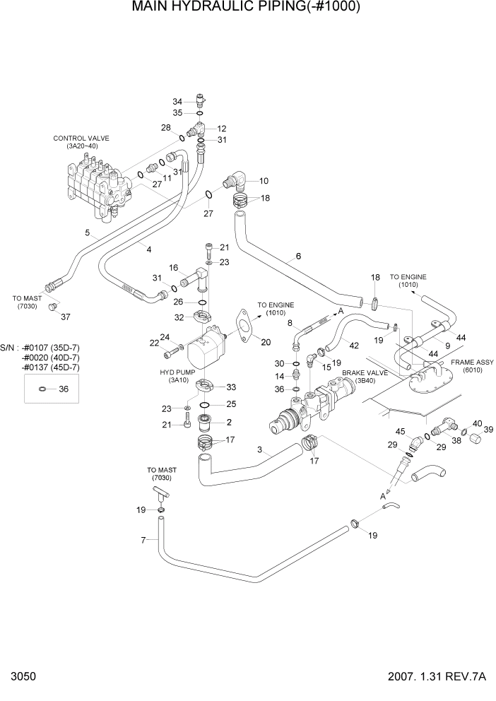 Схема запчастей Hyundai 35/40/45D-7 - PAGE 3050 MAIN HYDRAULIC PIPING(-#1000) ГИДРАВЛИЧЕСКАЯ СИСТЕМА