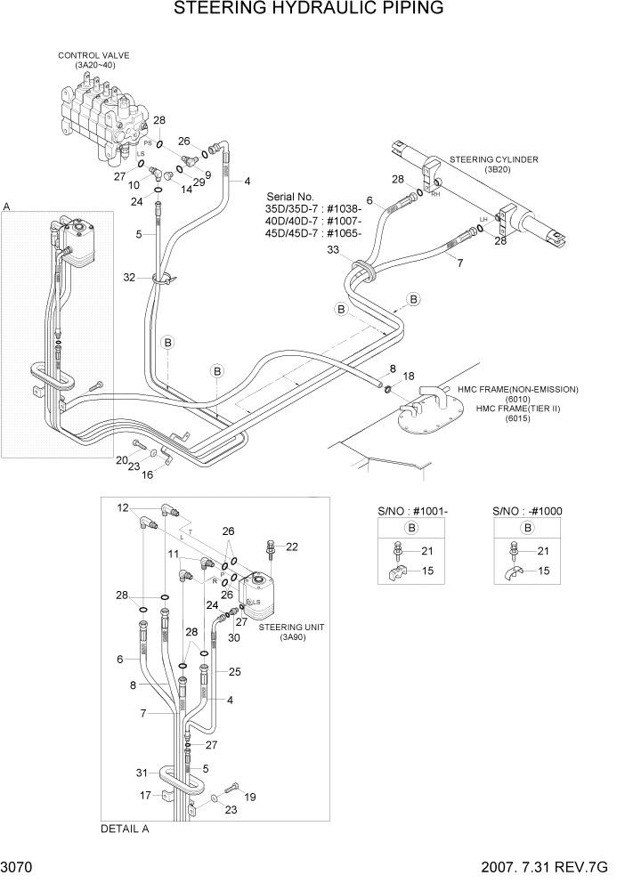 Схема запчастей Hyundai 35/40/45D-7 - PAGE 3070 STEERING HYDRAULIC PIPING ГИДРАВЛИЧЕСКАЯ СИСТЕМА