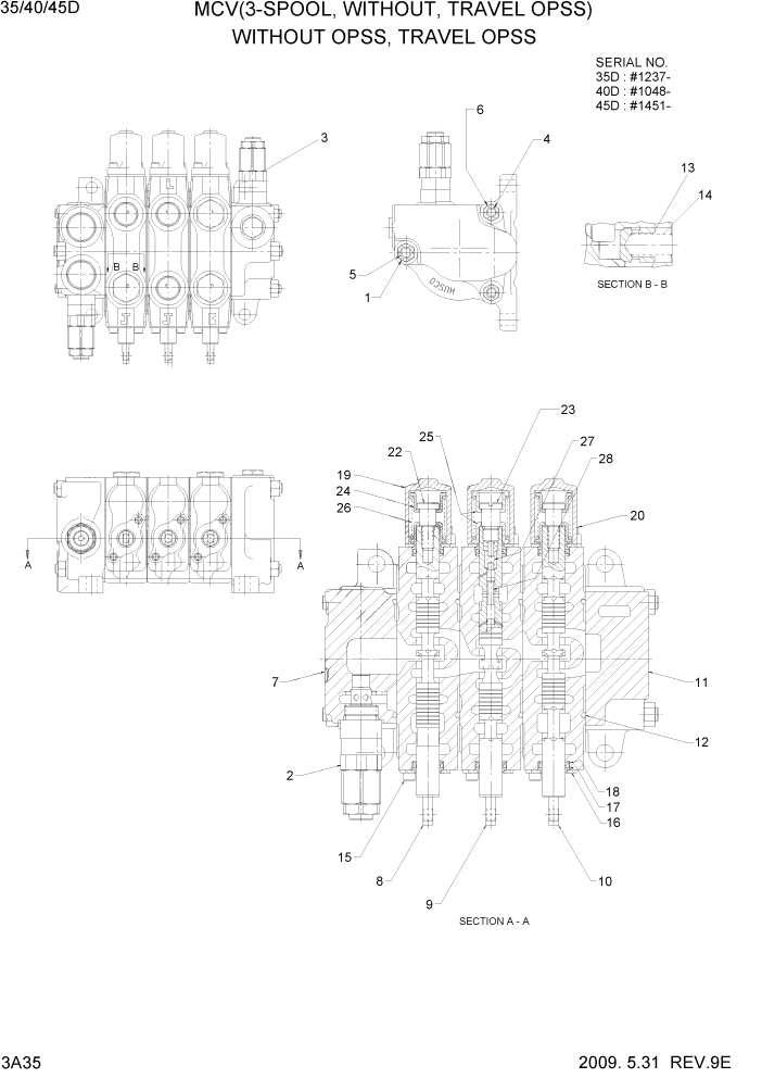 Схема запчастей Hyundai 35/40/45D-7 - PAGE 3A35 MCV(3-SPOOL, WITHOUT, TRAVEL OPSS) ГИДРАВЛИЧЕСКАЯ СИСТЕМА