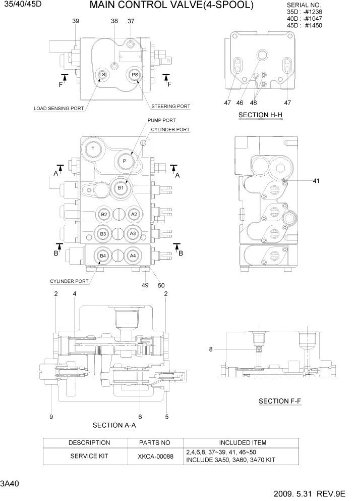 Схема запчастей Hyundai 35/40/45D-7 - PAGE 3A40 MAIN CONTROL VALVE(4-SPOOL) ГИДРАВЛИЧЕСКАЯ СИСТЕМА