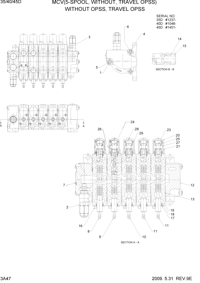 Схема запчастей Hyundai 35/40/45D-7 - PAGE 3A47 MCV(5-SPOOL, WITHOUT, TRAVEL OPSS) ГИДРАВЛИЧЕСКАЯ СИСТЕМА