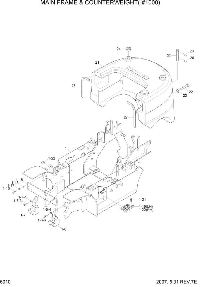 Схема запчастей Hyundai 35/40/45D-7 - PAGE 6010 MAIN FRAME & COUNTERWEIGHT(-#1000) СТРУКТУРА