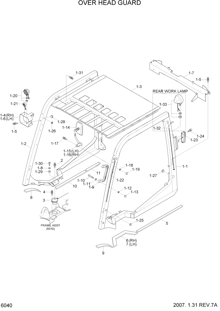 Схема запчастей Hyundai 35/40/45D-7 - PAGE 6040 OVER HEAD GUARD СТРУКТУРА