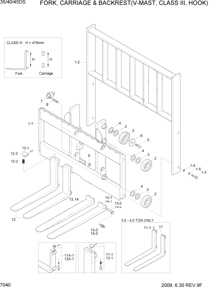 Схема запчастей Hyundai 35/40/45D-7 - PAGE 7040 FORK,CARR & BKR(V-MAST,C-III,HOOK) РАБОЧЕЕ ОБОРУДОВАНИЕ