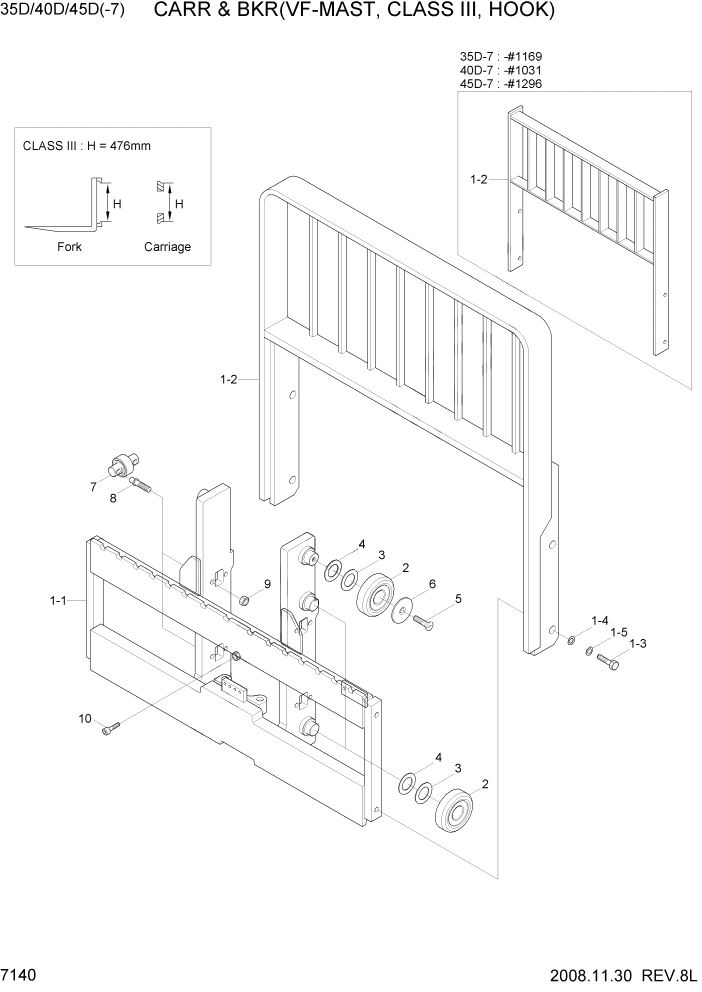 Схема запчастей Hyundai 35/40/45D-7 - PAGE 7140 CARR & BKR(VF-MAST,C-III,HOOK) РАБОЧЕЕ ОБОРУДОВАНИЕ