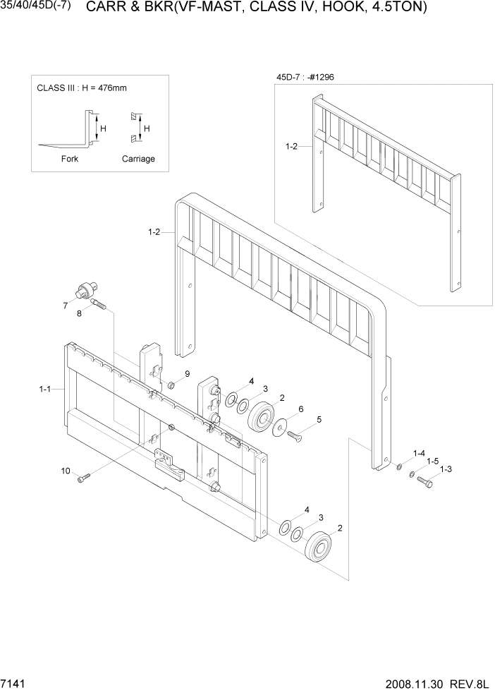 Схема запчастей Hyundai 35/40/45D-7 - PAGE 7141 CARR & BKR(VF-MAST,C-IV,HOOK,4.5TON) РАБОЧЕЕ ОБОРУДОВАНИЕ