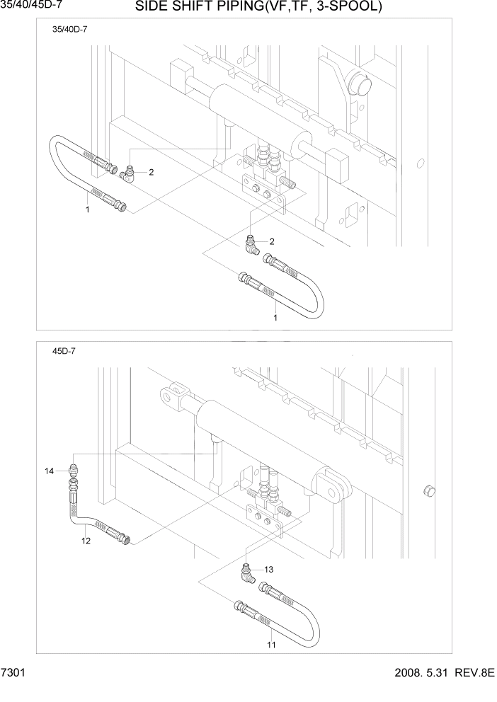 Схема запчастей Hyundai 35/40/45D-7 - PAGE 7301 SIDE SHIFT PIPING(TF-MAST,3-SPOOL) РАБОЧЕЕ ОБОРУДОВАНИЕ