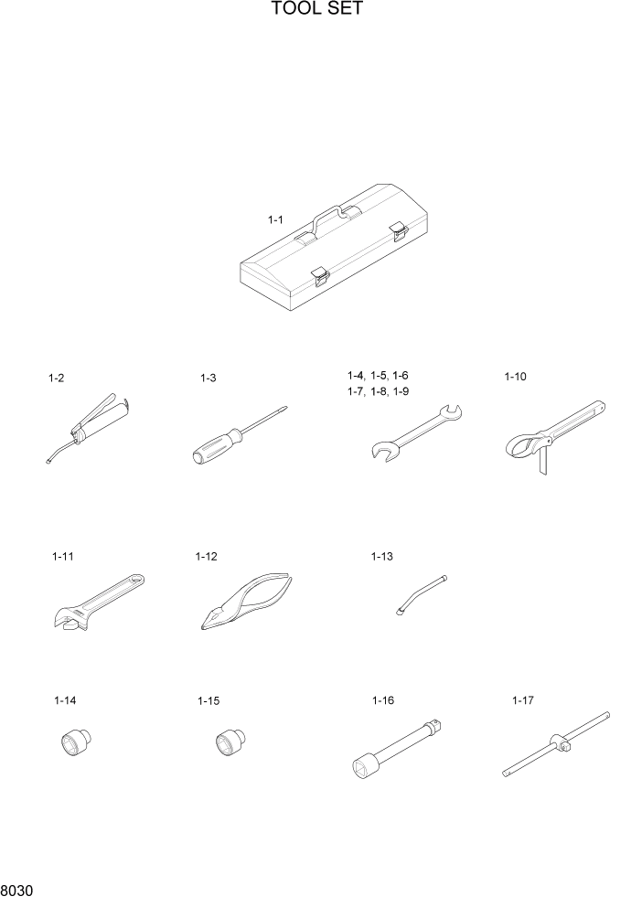 Схема запчастей Hyundai 35/40/45D-7 - PAGE 8030 TOOL SET ДРУГИЕ ЧАСТИ