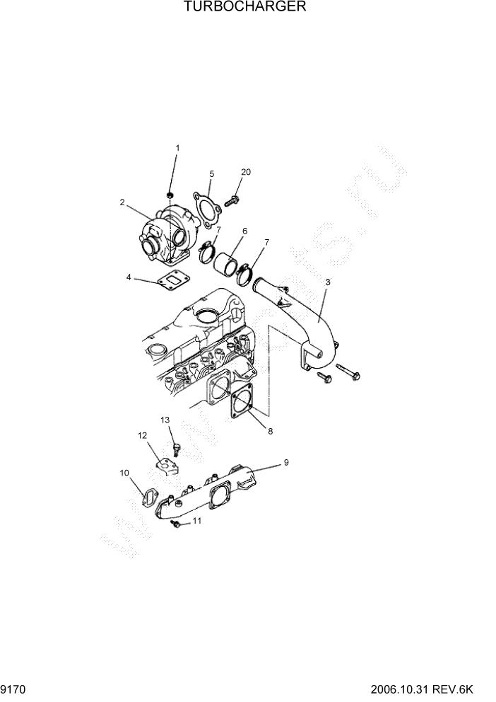 Схема запчастей Hyundai 35/40/45D-7 - PAGE 9170 TURBOCHARGER ДВИГАТЕЛЬ БАЗА (- # 1000)