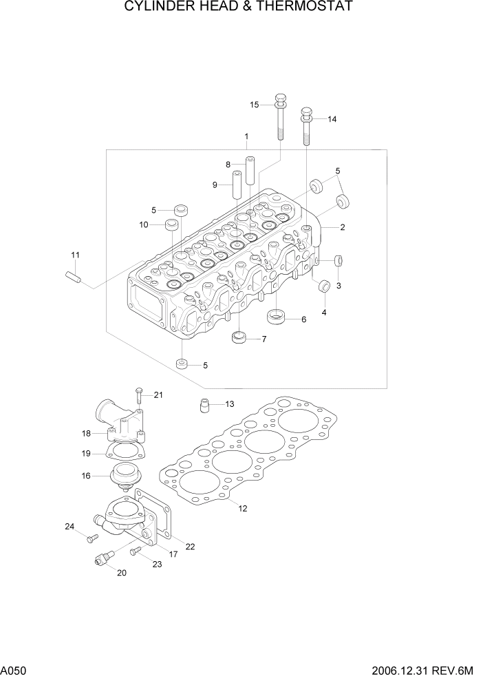 Схема запчастей Hyundai 35/40/45D-7 - PAGE A050 CYLINDER HEAD & THERMOSTAT ДВИГАТЕЛЬ БАЗА (# 1001)