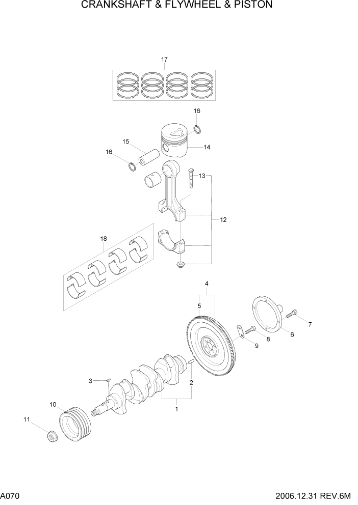 Схема запчастей Hyundai 35/40/45D-7 - PAGE A070 CRANKSHAFT & FLYWHEEL & PISTO ДВИГАТЕЛЬ БАЗА (# 1001)