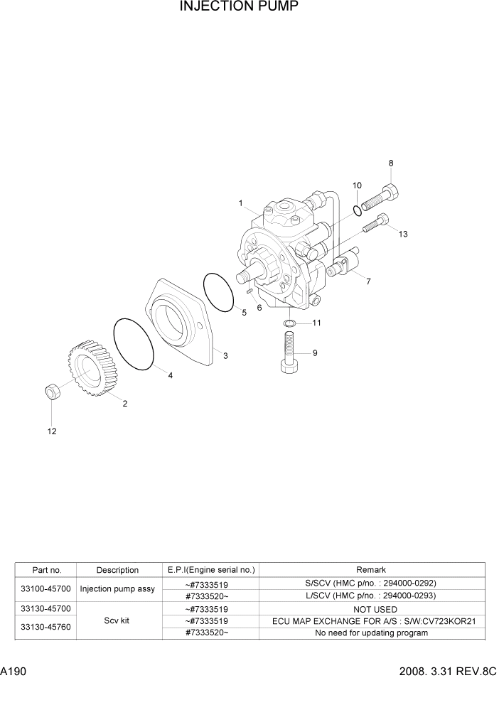 Схема запчастей Hyundai 35/40/45D-7 - PAGE A190 INJECTION PUMP ДВИГАТЕЛЬ БАЗА (# 1001)